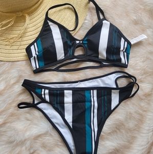 Blue White & Black Striped Bikini